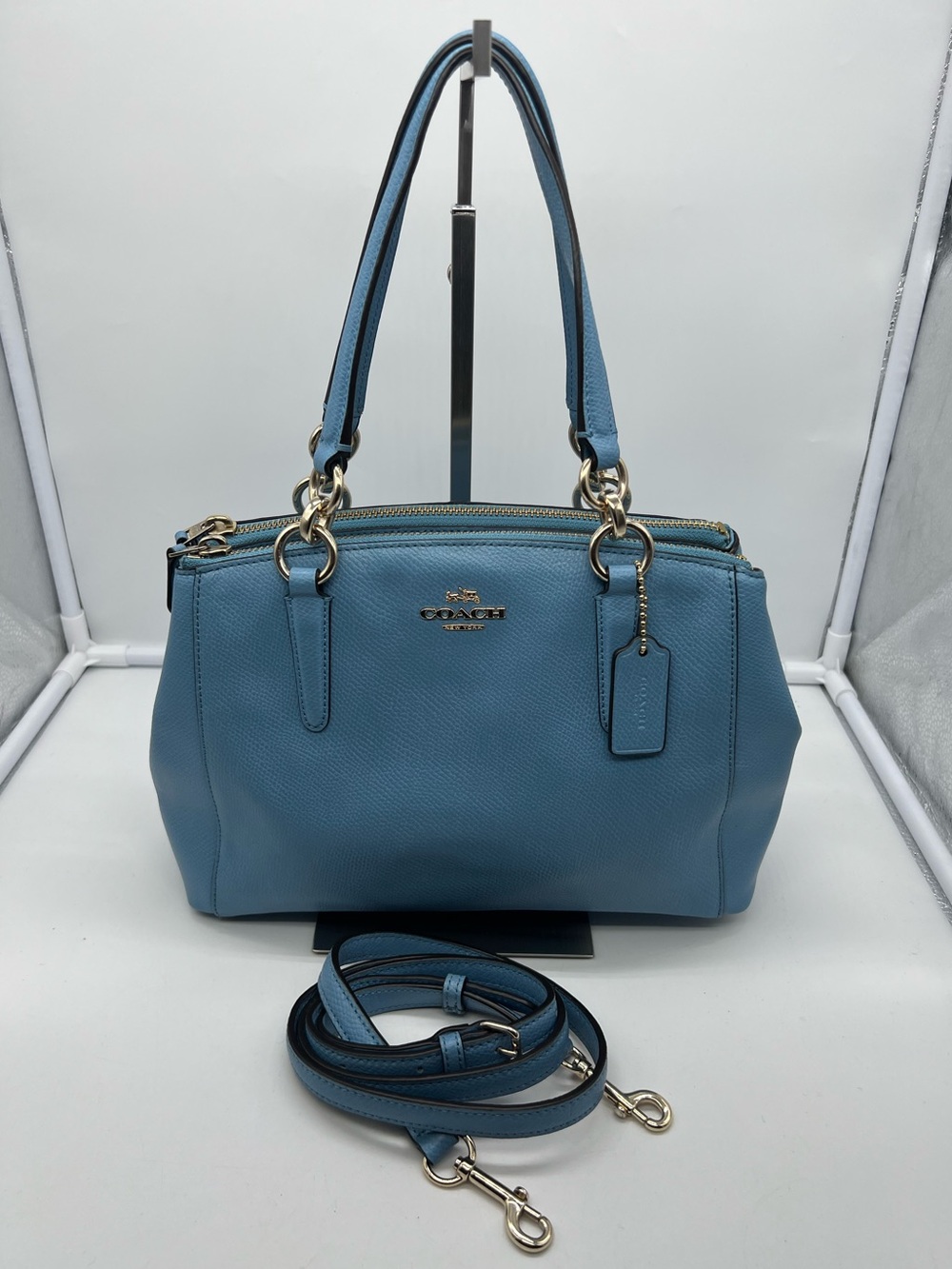 COACH F36704 Mini Christie Carryall Blue Crossgrain Leather Satchel Crossbody